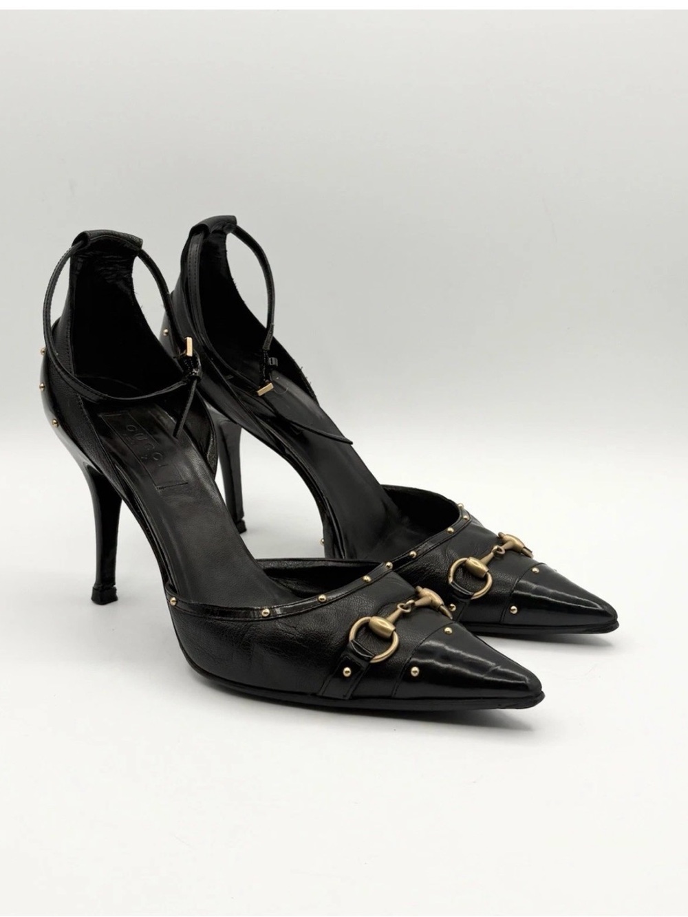 Gucci Horsebit Black Pointed Toe Leather Heels